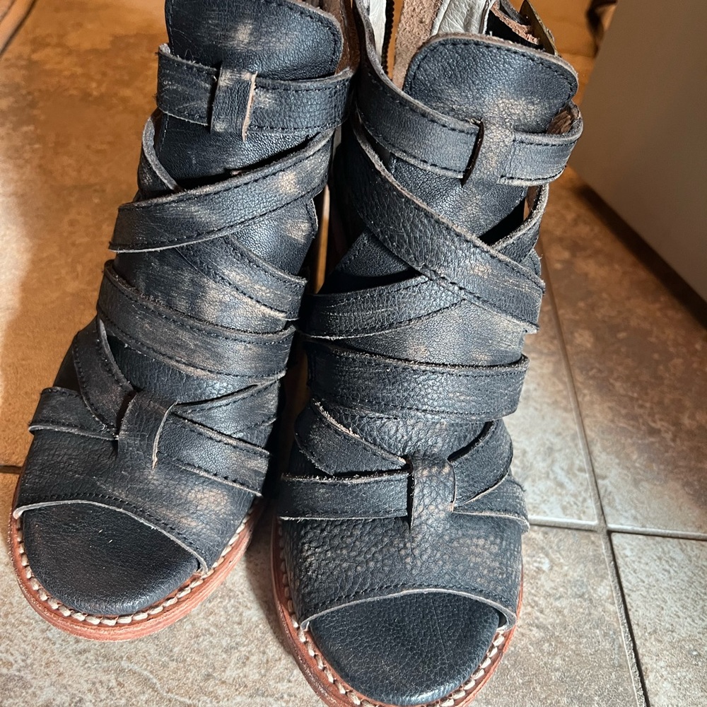 freebird Black Strappy Open-Toe Heeled Boots